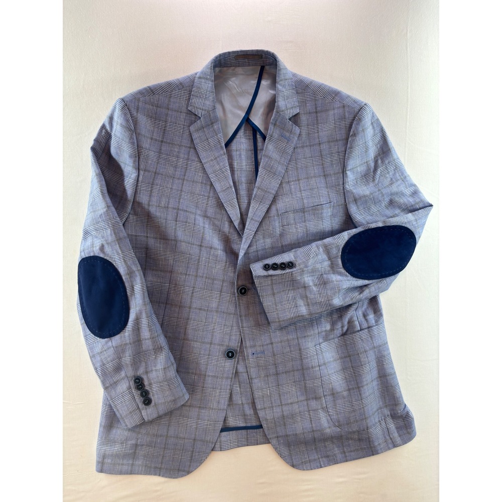 Lino Mens 100% Linen Glen Plaid Blazer Blue Elbow Patches Sport Coat Size 56 46R